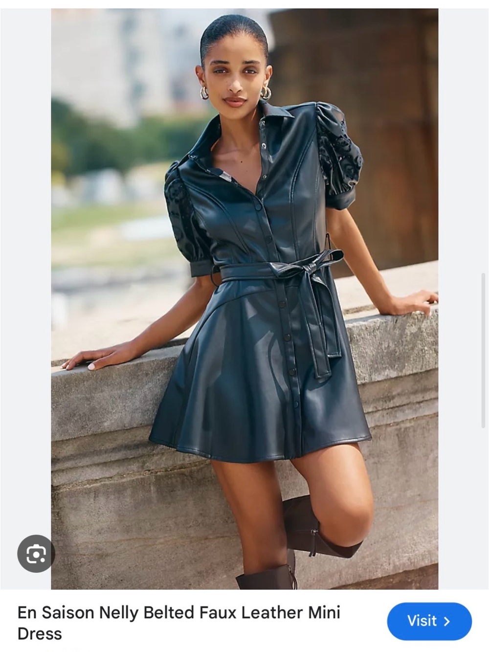 En Saison Black Faux Leather Puff Sleeve  Dress